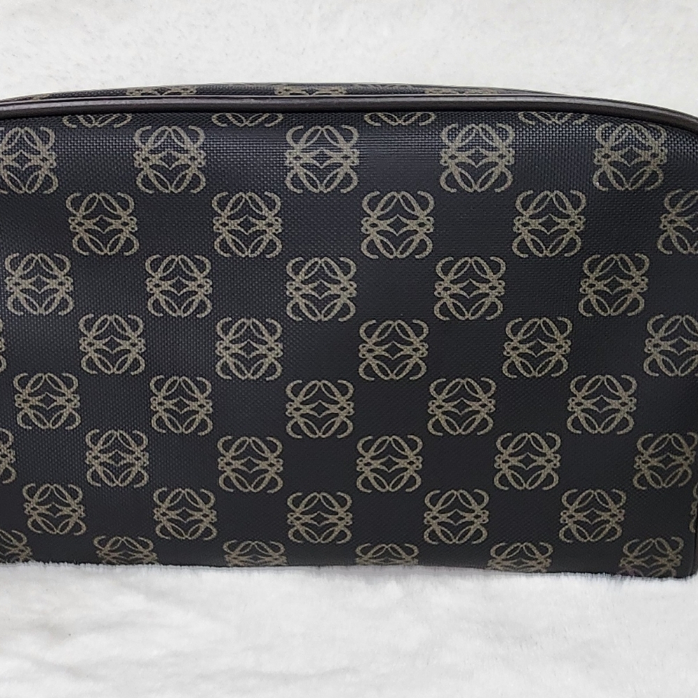LOEWE Clutch Bag repeat Anagram Gray PVC Brown Leather Silver Zipper - Picture 4 of 11